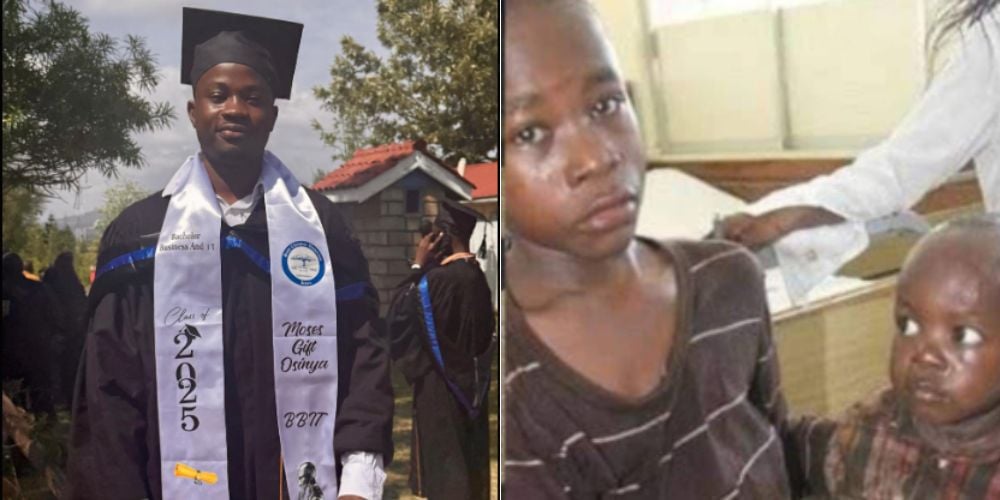 A collage of Gift Osinya on his graduation, and photo with his brother in 2014.